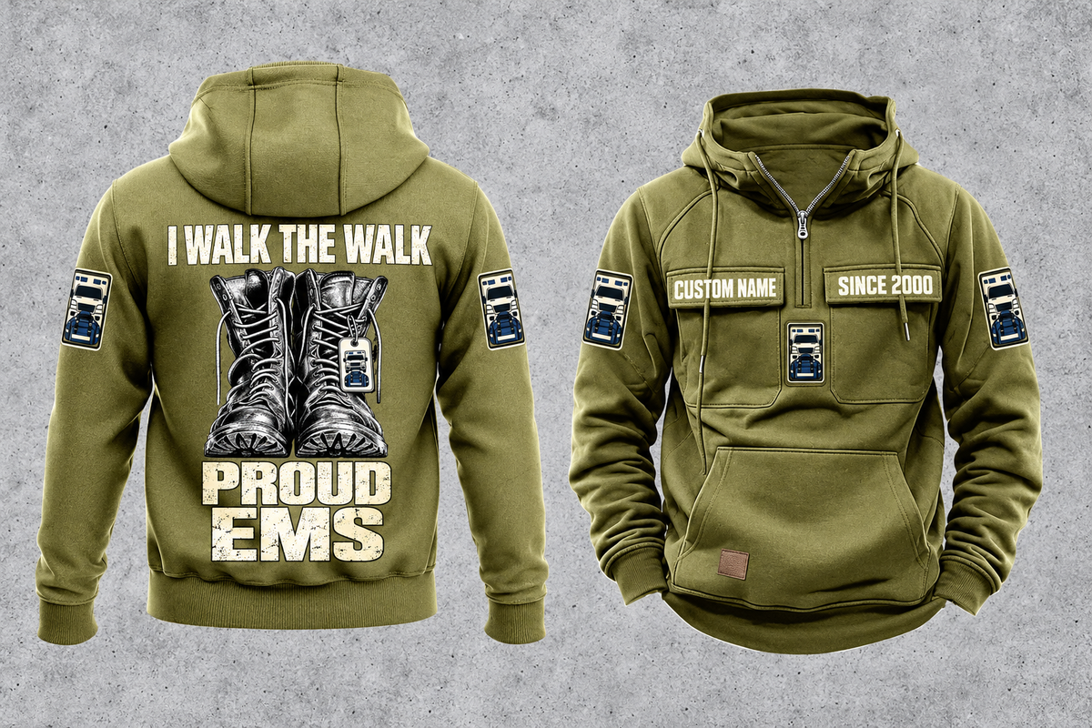 EMS Proud Walk Vintage Hoodie in Military Green, complete front and back views with CUSTOM NAME and SINCE 2000 chest samples, generic ambulance and response-bag motifs, and I WALK THE WALK / PROUD / EMS boot artwork.