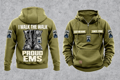 EMS Proud Walk Vintage Hoodie in Military Green, complete front and back views with CUSTOM NAME and SINCE 2000 chest samples, generic ambulance and response-bag motifs, and I WALK THE WALK / PROUD / EMS boot artwork.