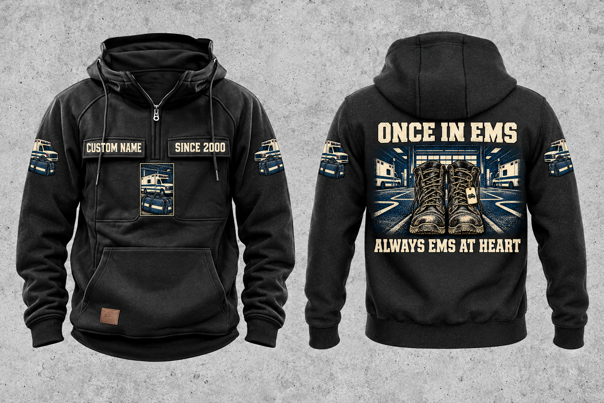 EMS Once and Always Vintage Hoodie in Black, separate front and back views with CUSTOM NAME and SINCE 2000 chest text, generic ambulance and response-bag motifs, and framed duty-boots artwork.