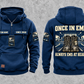 EMS Once and Always Vintage Hoodie in Dark Blue, separate front and back views with CUSTOM NAME and SINCE 2000 chest text, generic ambulance and response-bag motifs, and framed duty-boots artwork.