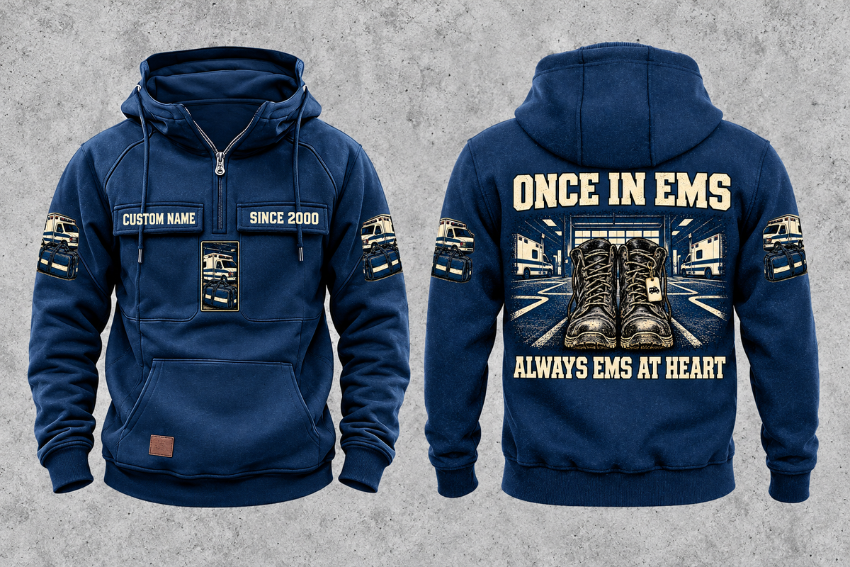 EMS Once and Always Vintage Hoodie in Dark Blue, separate front and back views with CUSTOM NAME and SINCE 2000 chest text, generic ambulance and response-bag motifs, and framed duty-boots artwork.