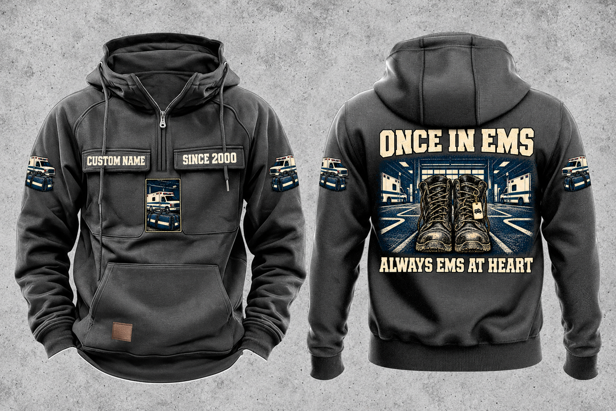EMS Once and Always Vintage Hoodie in Dark Gray, separate front and back views with CUSTOM NAME and SINCE 2000 chest text, generic ambulance and response-bag motifs, and framed duty-boots artwork.