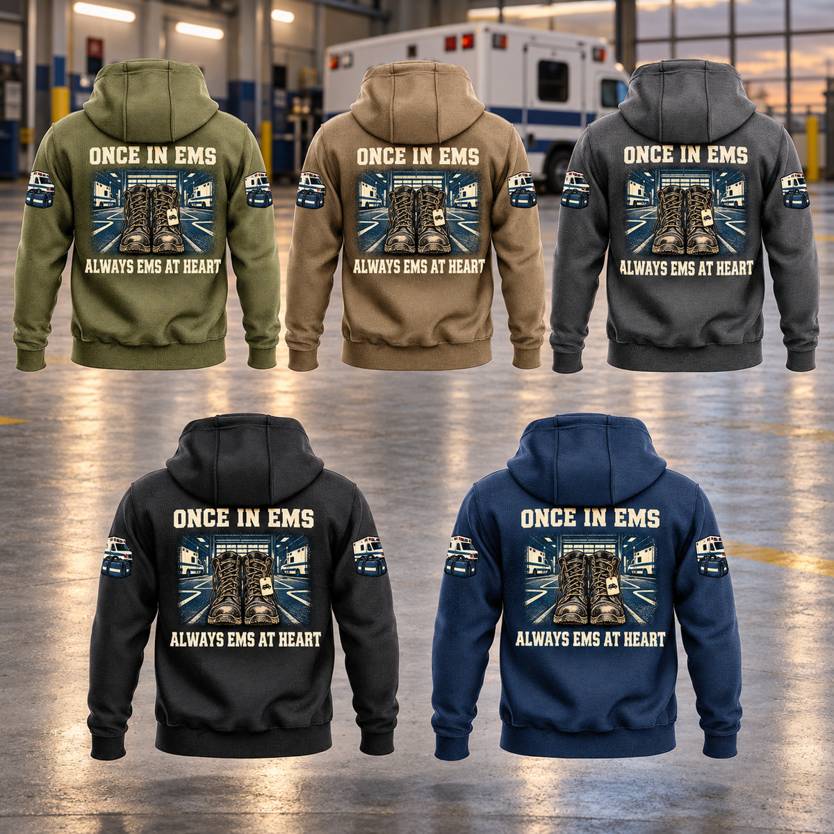 EMS Once and Always Vintage Hoodie in Military Green, Kaki, Dark Gray, Black and Dark Blue, five complete separated back views with framed duty-boots artwork in a quiet unbranded ambulance bay.