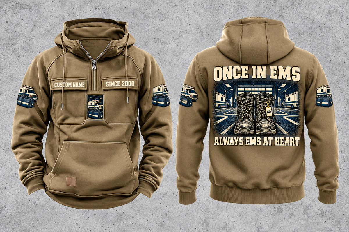 EMS Once and Always Vintage Hoodie in Kaki, separate front and back views with CUSTOM NAME and SINCE 2000 chest text, generic ambulance and response-bag motifs, and framed duty-boots artwork.