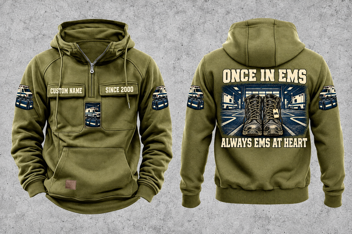EMS Once and Always Vintage Hoodie in Military Green, separate front and back views with CUSTOM NAME and SINCE 2000 chest text, generic ambulance and response-bag motifs, and framed duty-boots artwork.