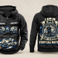 EMS Heritage Crest Vintage Hoodie in Black, complete front and back views with sample text CUSTOM NAME and SINCE 2000, ambulance and response-bag artwork, and plain sleeves.