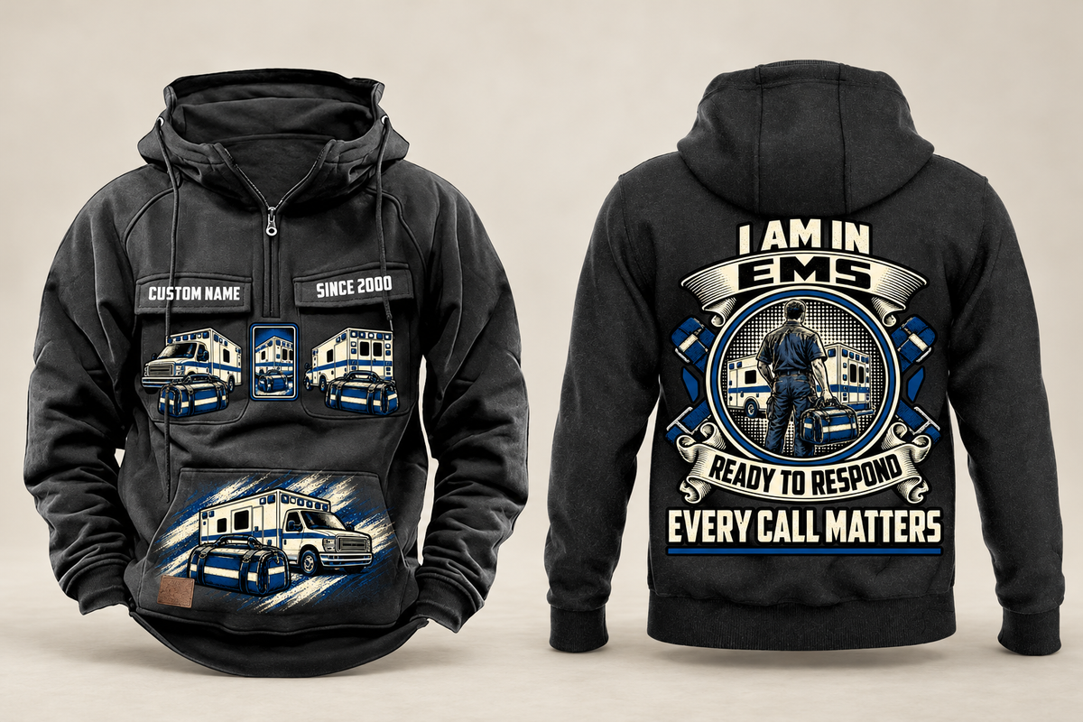 EMS Heritage Crest Vintage Hoodie in Black, complete front and back views with sample text CUSTOM NAME and SINCE 2000, ambulance and response-bag artwork, and plain sleeves.