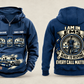 EMS Heritage Crest Vintage Hoodie in Dark Blue, complete front and back views with sample text CUSTOM NAME and SINCE 2000, ambulance and response-bag artwork, and plain sleeves.