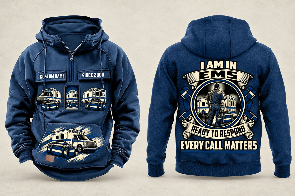 EMS Heritage Crest Vintage Hoodie in Dark Blue, complete front and back views with sample text CUSTOM NAME and SINCE 2000, ambulance and response-bag artwork, and plain sleeves.