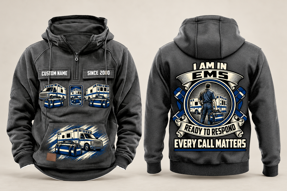 EMS Heritage Crest Vintage Hoodie in Dark Gray, complete front and back views with sample text CUSTOM NAME and SINCE 2000, ambulance and response-bag artwork, and plain sleeves.