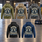 EMS Heritage Crest Vintage Hoodie in Military Green, Kaki, Dark Gray, Black and Dark Blue, five complete back views in a quiet ambulance-bay setting with a parked generic ambulance and closed response bag.