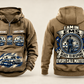 EMS Heritage Crest Vintage Hoodie in Kaki, complete front and back views with sample text CUSTOM NAME and SINCE 2000, ambulance and response-bag artwork, and plain sleeves.