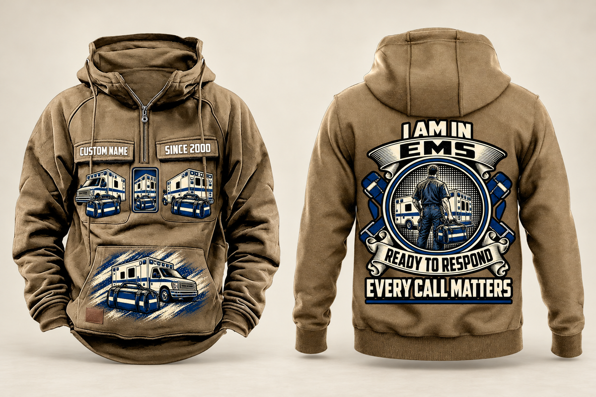EMS Heritage Crest Vintage Hoodie in Kaki, complete front and back views with sample text CUSTOM NAME and SINCE 2000, ambulance and response-bag artwork, and plain sleeves.