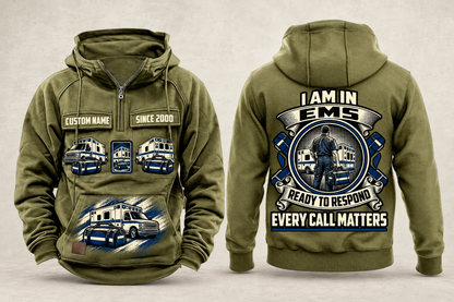 EMS Heritage Crest Vintage Hoodie in Military Green, complete front and back views with sample text CUSTOM NAME and SINCE 2000, ambulance and response-bag artwork, and plain sleeves.