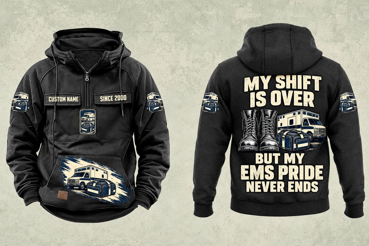 EMS Never Ends Vintage Hoodie in Black, complete separated front and back views with sample chest text CUSTOM NAME and SINCE 2000, boots, ambulance and closed response bag artwork.