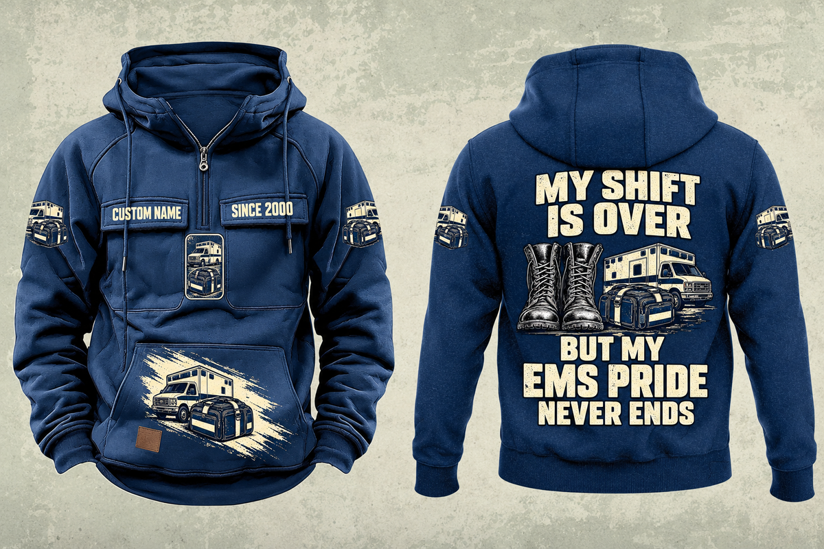 EMS Never Ends Vintage Hoodie in Dark Blue, complete separated front and back views with sample chest text CUSTOM NAME and SINCE 2000, boots, ambulance and closed response bag artwork.