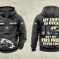 EMS Never Ends Vintage Hoodie in Dark Gray, complete separated front and back views with sample chest text CUSTOM NAME and SINCE 2000, boots, ambulance and closed response bag artwork.