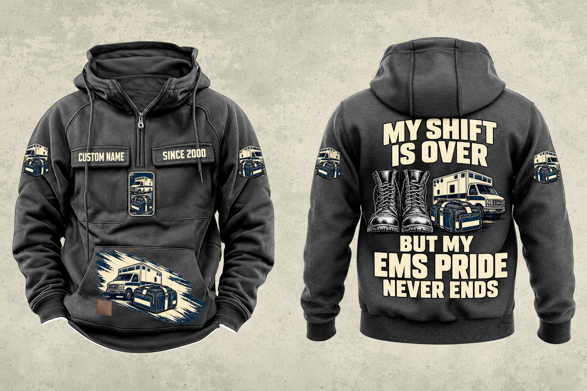 EMS Never Ends Vintage Hoodie in Dark Gray, complete separated front and back views with sample chest text CUSTOM NAME and SINCE 2000, boots, ambulance and closed response bag artwork.