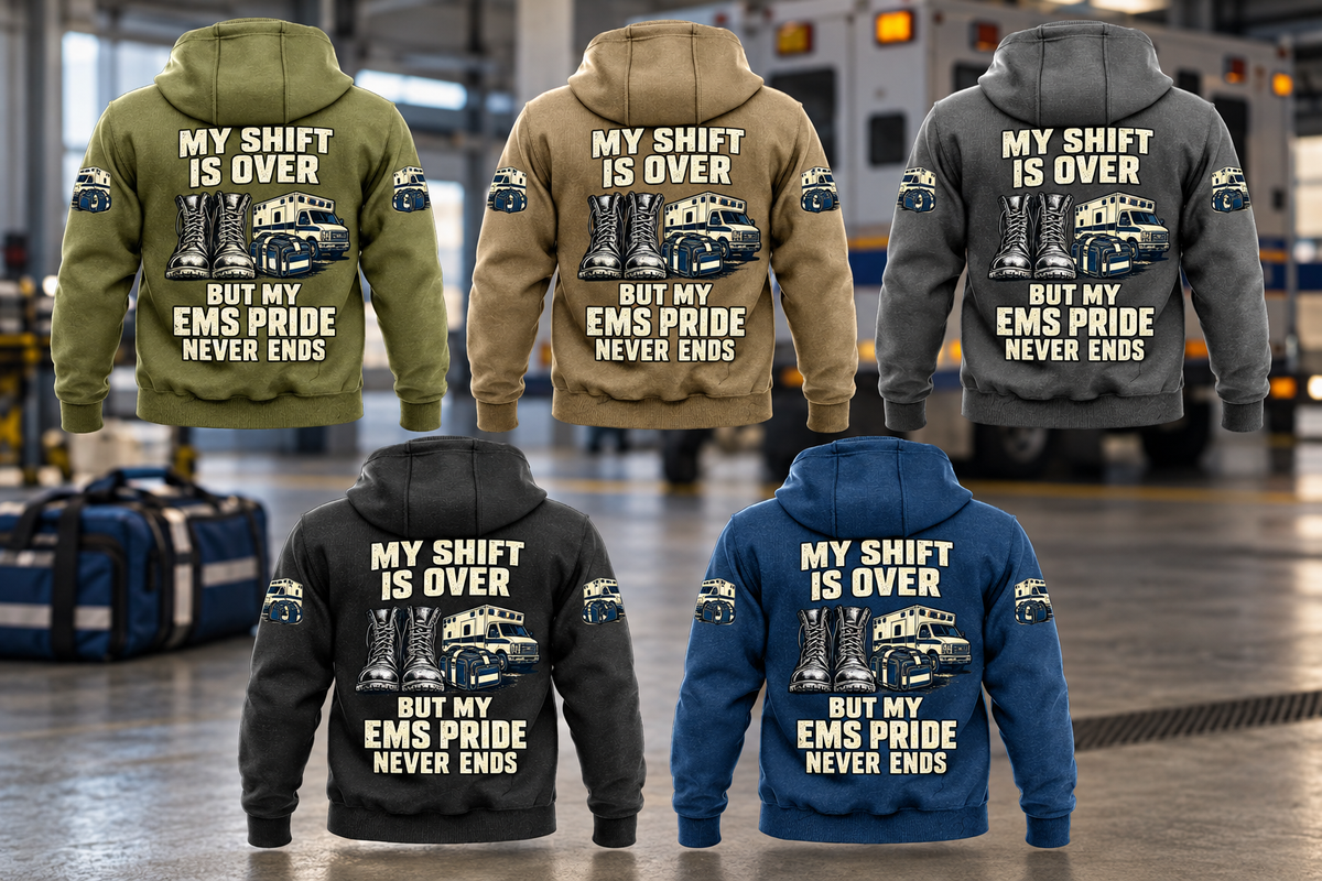 EMS Never Ends Vintage Hoodie in all five colors: Military Green, Kaki, Dark Gray, Black and Dark Blue. Five complete back views with matching EMS artwork in a quiet ambulance bay with an unbranded parked ambulance and closed response bag.