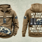 EMS Never Ends Vintage Hoodie in Kaki, complete separated front and back views with sample chest text CUSTOM NAME and SINCE 2000, boots, ambulance and closed response bag artwork.