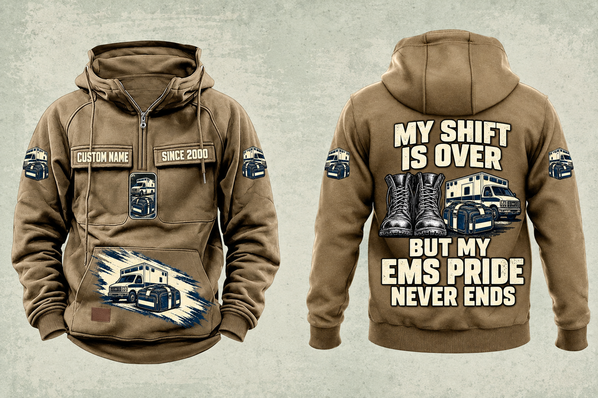 EMS Never Ends Vintage Hoodie in Kaki, complete separated front and back views with sample chest text CUSTOM NAME and SINCE 2000, boots, ambulance and closed response bag artwork.