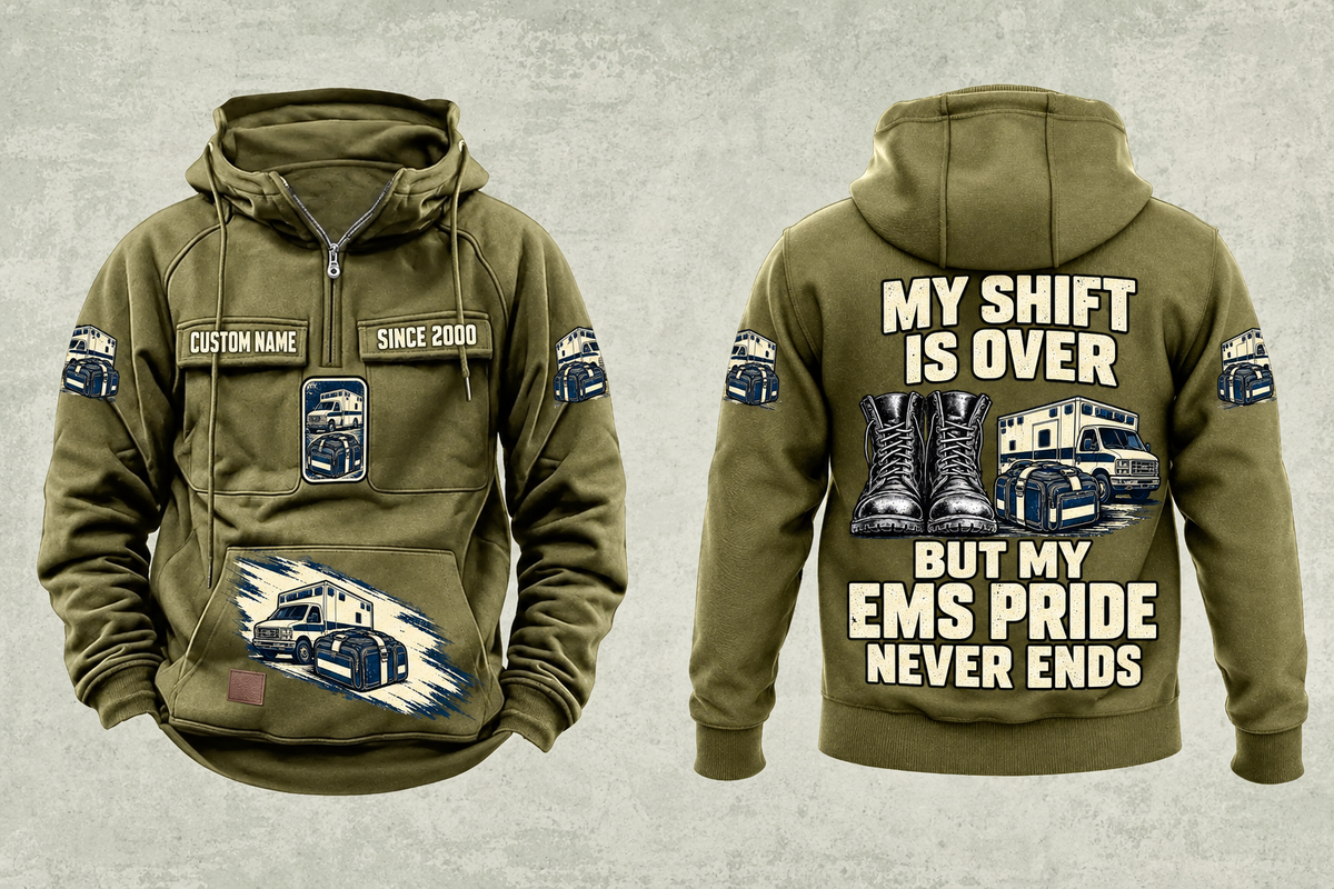 EMS Never Ends Vintage Hoodie in Military Green, complete separated front and back views with sample chest text CUSTOM NAME and SINCE 2000, boots, ambulance and closed response bag artwork.