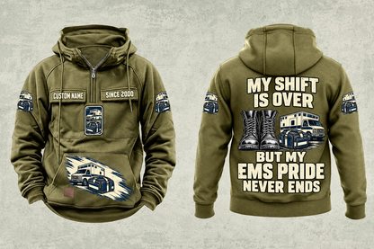EMS Never Ends Vintage Hoodie in Military Green, complete separated front and back views with sample chest text CUSTOM NAME and SINCE 2000, boots, ambulance and closed response bag artwork.