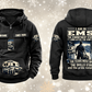 EMS Skills and Pride Vintage Hoodie in Black, complete separated front and back views with sample text CUSTOM NAME and SINCE 2000, ambulance and closed response bag motifs, and commitment statement artwork.