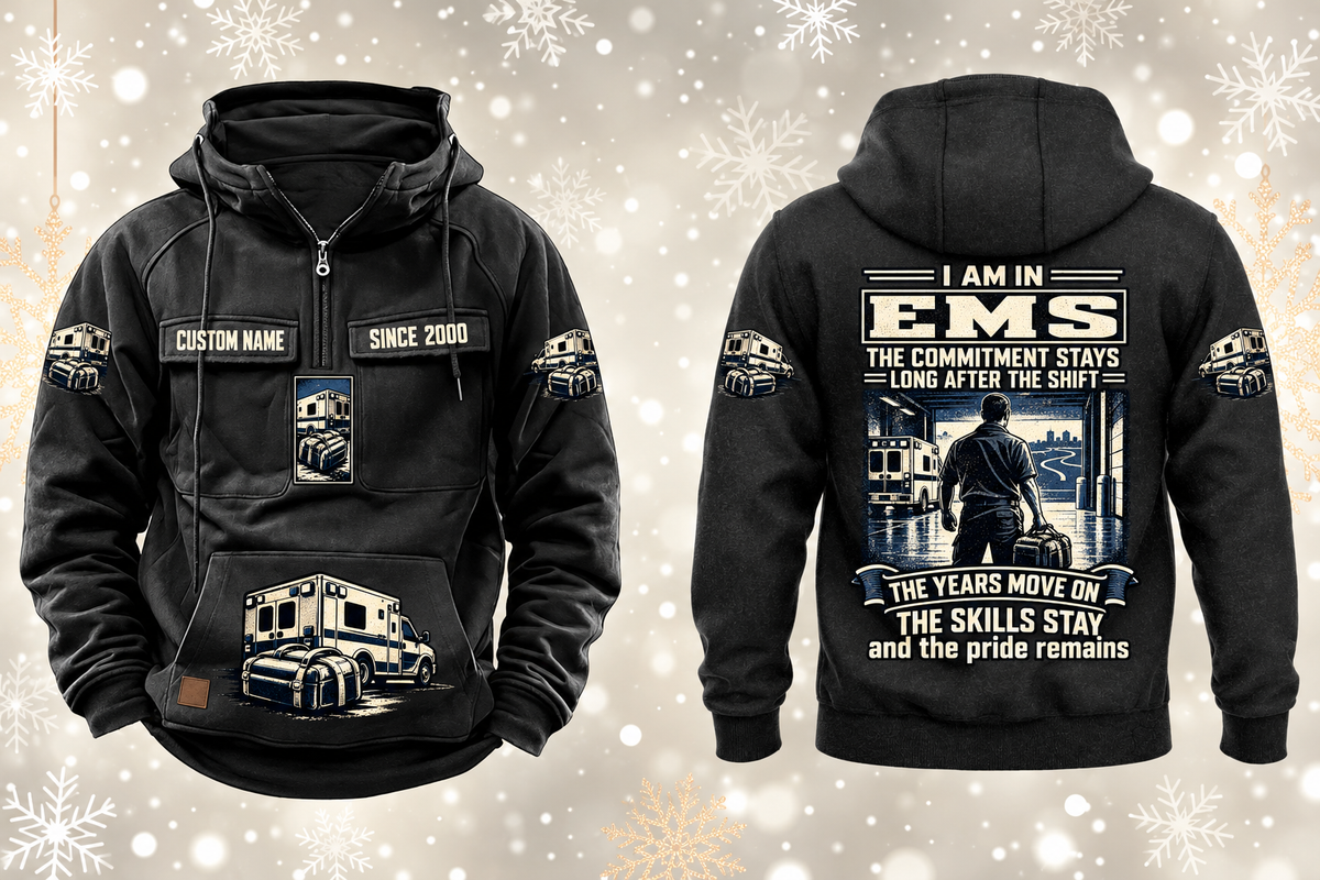EMS Skills and Pride Vintage Hoodie in Black, complete separated front and back views with sample text CUSTOM NAME and SINCE 2000, ambulance and closed response bag motifs, and commitment statement artwork.