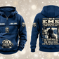 EMS Skills and Pride Vintage Hoodie in Dark Blue, complete separated front and back views with sample text CUSTOM NAME and SINCE 2000, ambulance and closed response bag motifs, and commitment statement artwork.