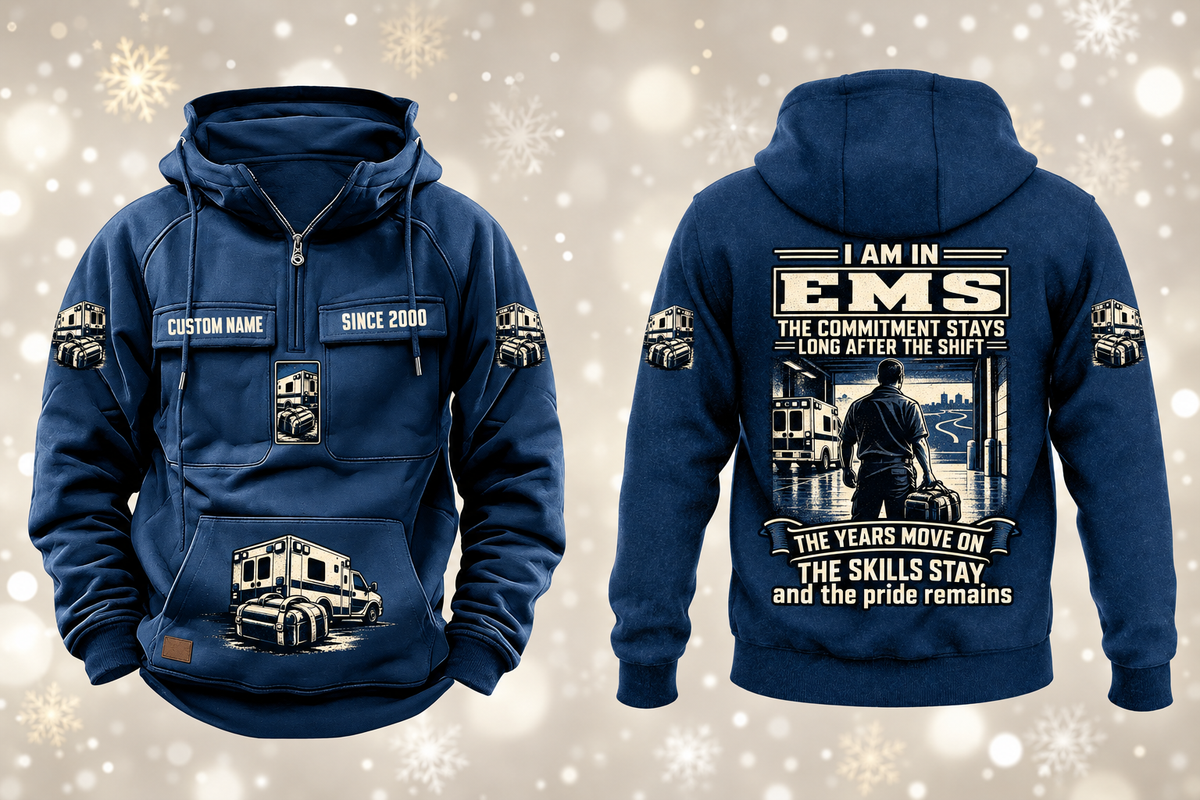 EMS Skills and Pride Vintage Hoodie in Dark Blue, complete separated front and back views with sample text CUSTOM NAME and SINCE 2000, ambulance and closed response bag motifs, and commitment statement artwork.