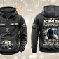 EMS Skills and Pride Vintage Hoodie in Dark Gray, complete separated front and back views with sample text CUSTOM NAME and SINCE 2000, ambulance and closed response bag motifs, and commitment statement artwork.