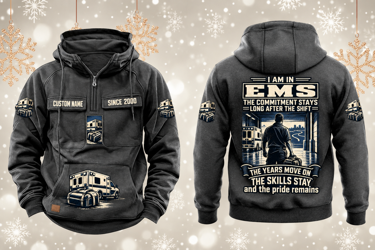 EMS Skills and Pride Vintage Hoodie in Dark Gray, complete separated front and back views with sample text CUSTOM NAME and SINCE 2000, ambulance and closed response bag motifs, and commitment statement artwork.