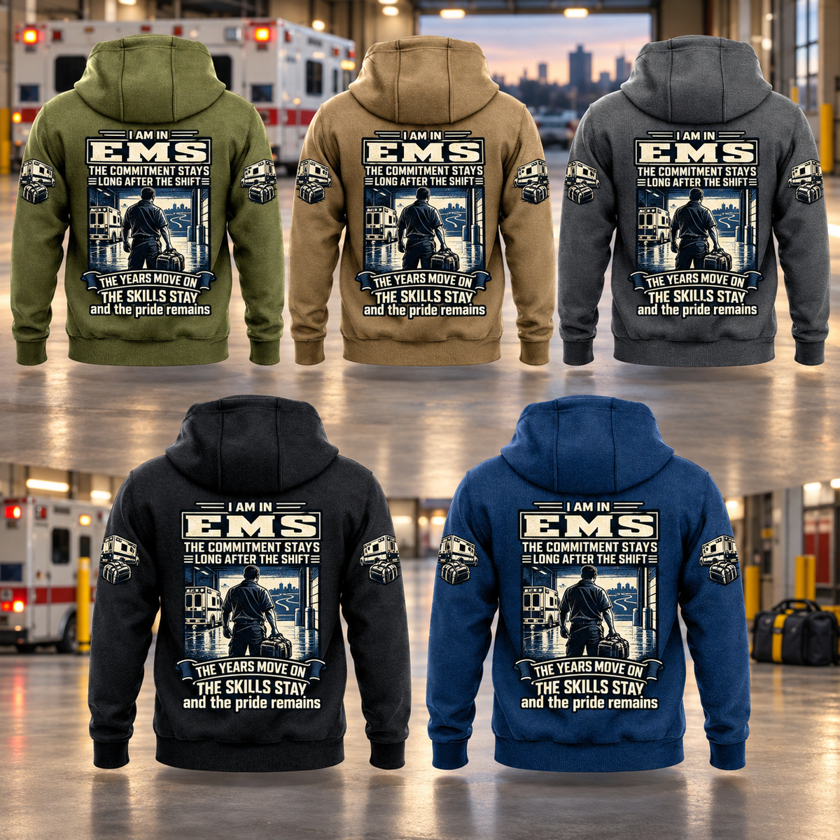 EMS Skills and Pride Vintage Hoodie in Military Green, Kaki, Dark Gray, Black and Dark Blue, five complete separated back views with matching EMS commitment artwork in a quiet ambulance-bay setting.