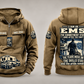 EMS Skills and Pride Vintage Hoodie in Kaki, complete separated front and back views with sample text CUSTOM NAME and SINCE 2000, ambulance and closed response bag motifs, and commitment statement artwork.