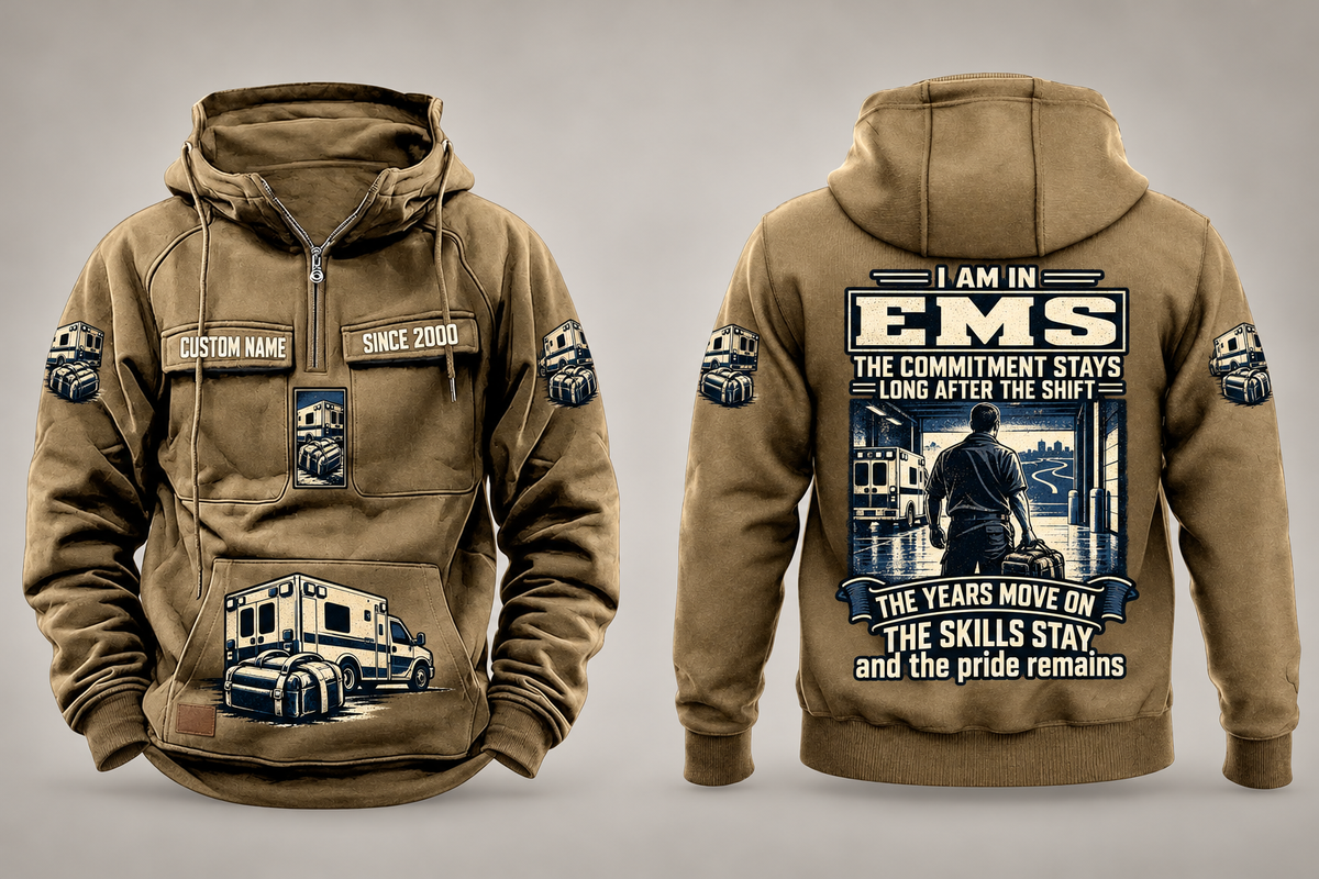 EMS Skills and Pride Vintage Hoodie in Kaki, complete separated front and back views with sample text CUSTOM NAME and SINCE 2000, ambulance and closed response bag motifs, and commitment statement artwork.