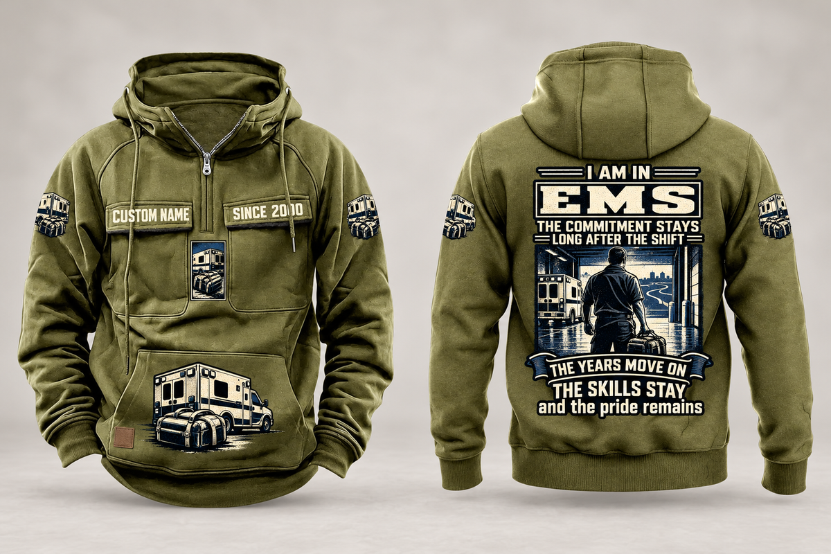 EMS Skills and Pride Vintage Hoodie in Military Green, complete separated front and back views with sample text CUSTOM NAME and SINCE 2000, ambulance and closed response bag motifs, and commitment statement artwork.