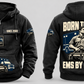 EMS By Choice Vintage Hoodie in Black, separated complete front and back views with sample chest text CUSTOM NAME and SINCE 2000 and BORN TO CARE / EMS BY CHOICE portrait artwork.
