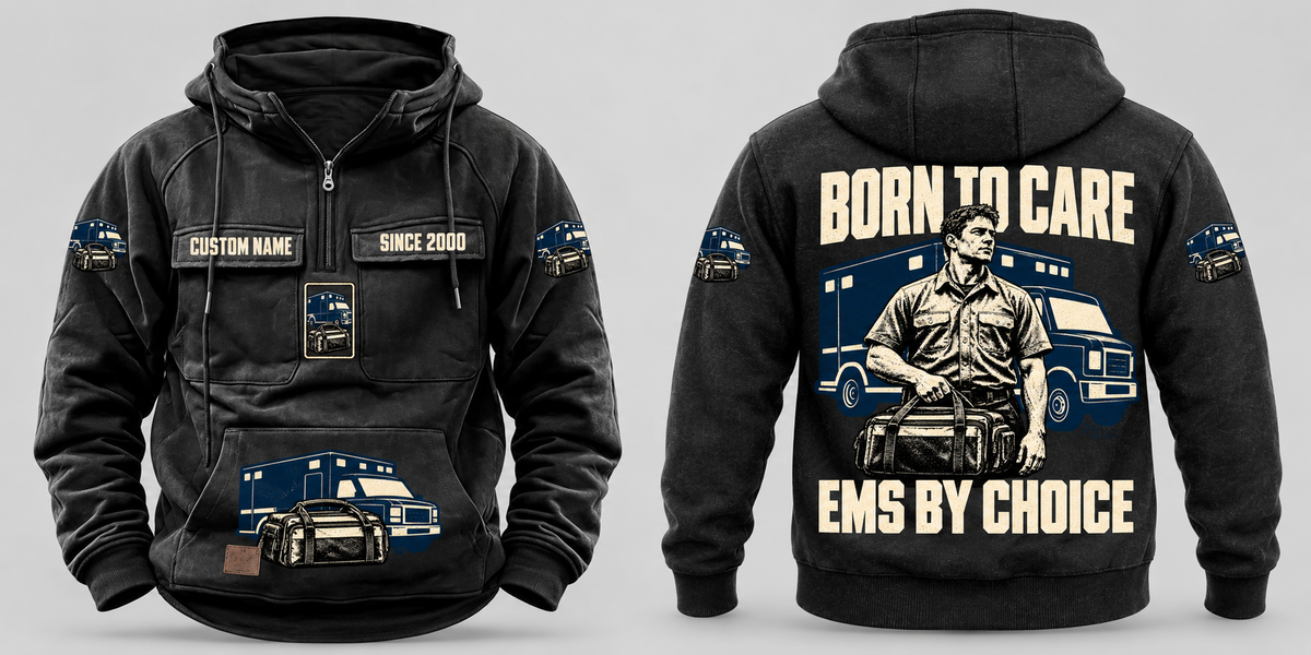EMS By Choice Vintage Hoodie in Black, separated complete front and back views with sample chest text CUSTOM NAME and SINCE 2000 and BORN TO CARE / EMS BY CHOICE portrait artwork.