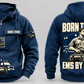EMS By Choice Vintage Hoodie in Dark Blue, separated complete front and back views with sample chest text CUSTOM NAME and SINCE 2000 and BORN TO CARE / EMS BY CHOICE portrait artwork.