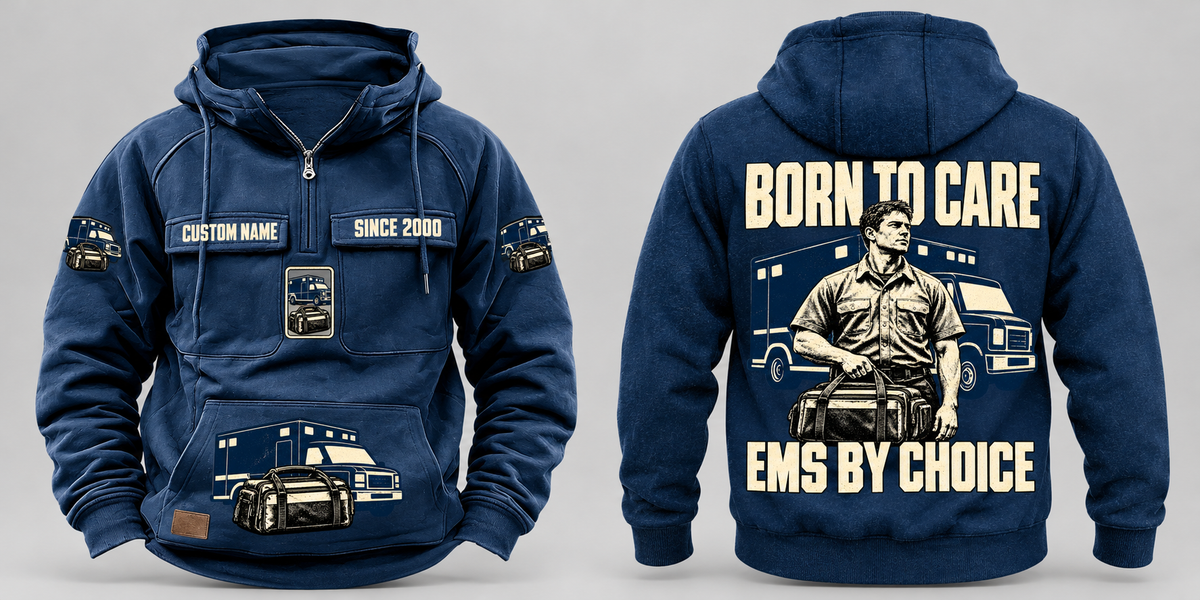 EMS By Choice Vintage Hoodie in Dark Blue, separated complete front and back views with sample chest text CUSTOM NAME and SINCE 2000 and BORN TO CARE / EMS BY CHOICE portrait artwork.
