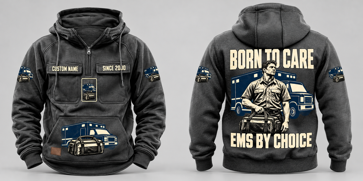 EMS By Choice Vintage Hoodie in Dark Gray, separated complete front and back views with sample chest text CUSTOM NAME and SINCE 2000 and BORN TO CARE / EMS BY CHOICE portrait artwork.