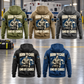 EMS By Choice Vintage Hoodie in Military Green, Kaki, Dark Gray, Black and Dark Blue, five complete separated back views with BORN TO CARE / EMS BY CHOICE artwork in a quiet ambulance bay.