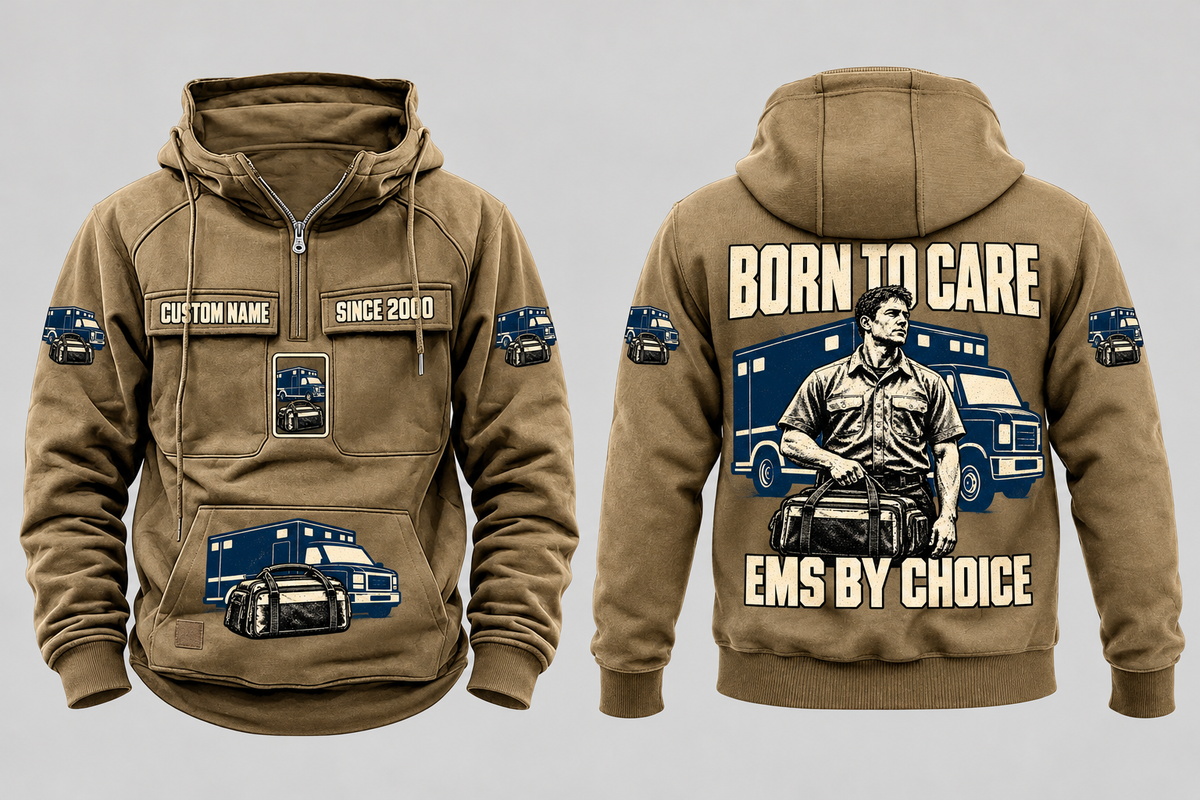 EMS By Choice Vintage Hoodie in Kaki, separated complete front and back views with sample chest text CUSTOM NAME and SINCE 2000 and BORN TO CARE / EMS BY CHOICE portrait artwork.