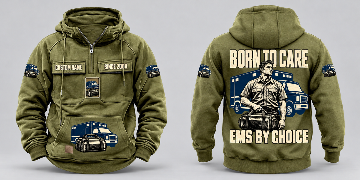 EMS By Choice Vintage Hoodie in Military Green, separated complete front and back views with sample chest text CUSTOM NAME and SINCE 2000 and BORN TO CARE / EMS BY CHOICE portrait artwork.