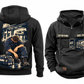 EMS Ready Every Day Portrait Vintage Hoodie in Black, fully separated front and back views with sample text CUSTOM NAME and SINCE 2000, ambulance and closed response bag chest artwork, and a larger kneeling worker below a compact ambulance-bay back panel.
