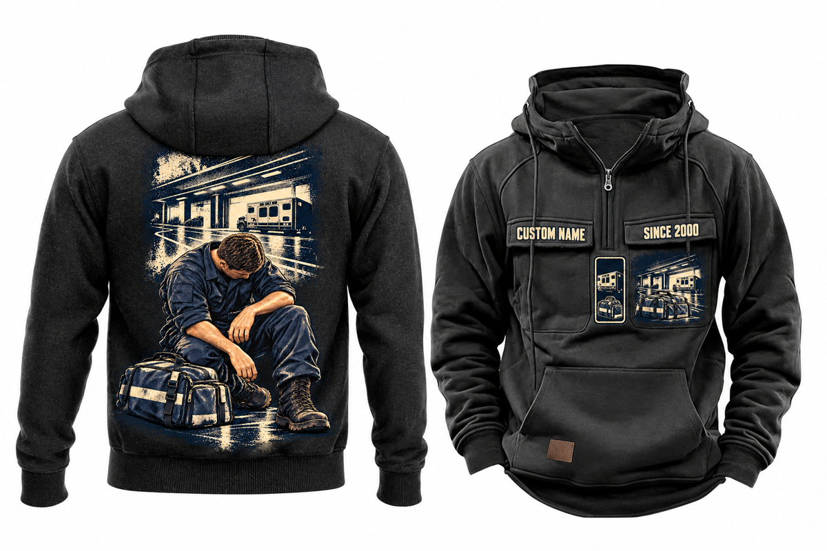 EMS Ready Every Day Portrait Vintage Hoodie in Black, fully separated front and back views with sample text CUSTOM NAME and SINCE 2000, ambulance and closed response bag chest artwork, and a larger kneeling worker below a compact ambulance-bay back panel.