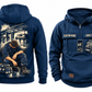 EMS Ready Every Day Portrait Vintage Hoodie in Dark Blue, fully separated front and back views with sample text CUSTOM NAME and SINCE 2000, ambulance and closed response bag chest artwork, and a larger kneeling worker below a compact ambulance-bay back panel.