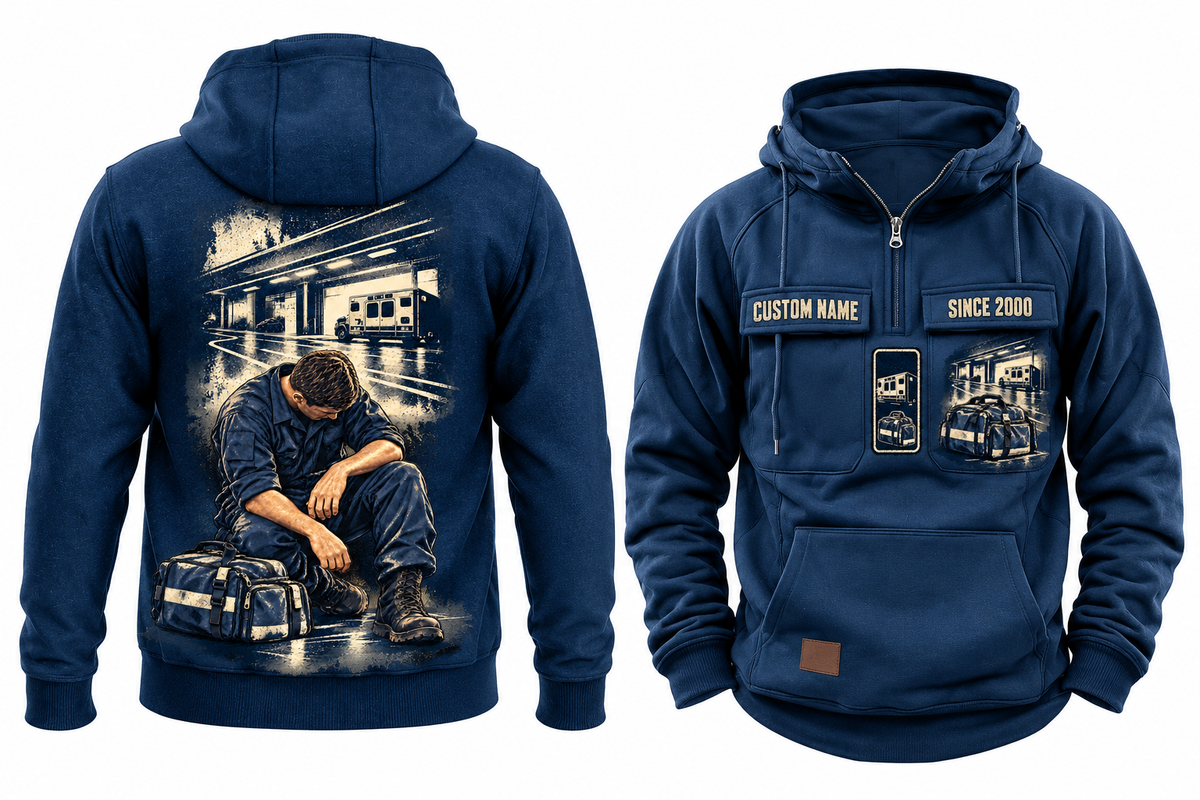 EMS Ready Every Day Portrait Vintage Hoodie in Dark Blue, fully separated front and back views with sample text CUSTOM NAME and SINCE 2000, ambulance and closed response bag chest artwork, and a larger kneeling worker below a compact ambulance-bay back panel.