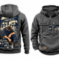 EMS Ready Every Day Portrait Vintage Hoodie in Dark Gray, fully separated front and back views with sample text CUSTOM NAME and SINCE 2000, ambulance and closed response bag chest artwork, and a larger kneeling worker below a compact ambulance-bay back panel.